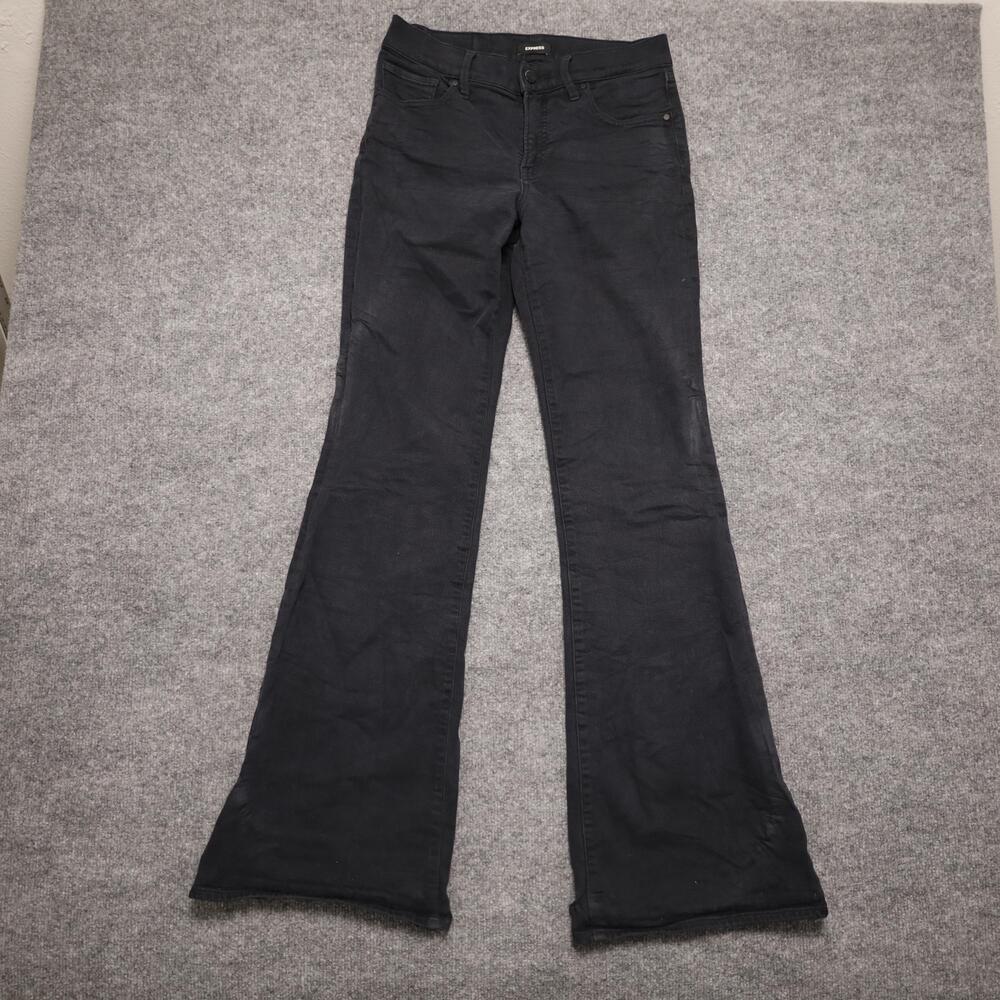 Express 708 Flare Jeans Womens 4 Long Black Dark Wash Mid Rise Flare Denim Tall